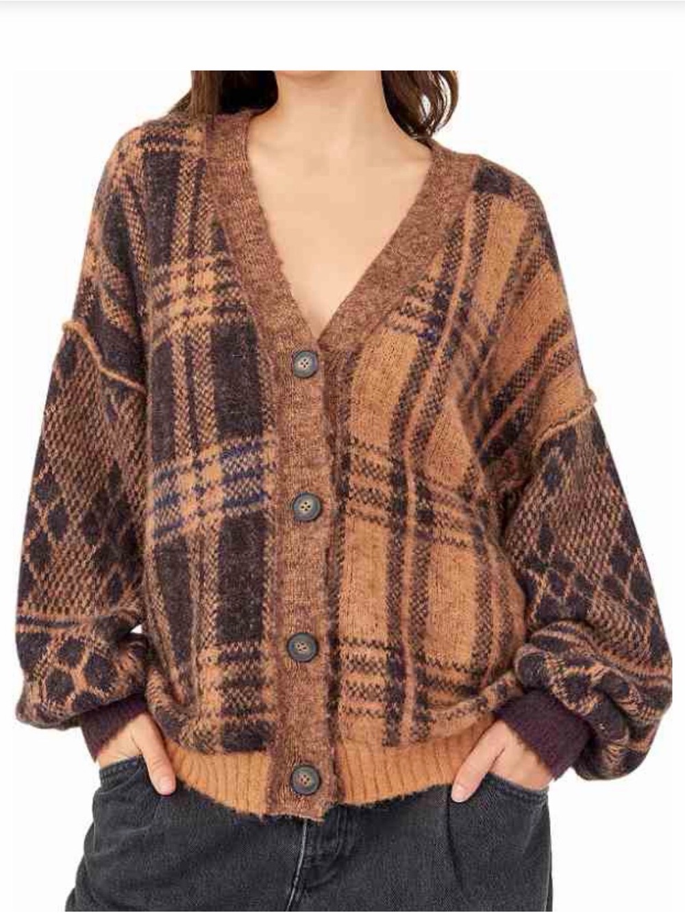 Free People Plaid V-Neck Button Front Cardigan - Brown/Charcoal